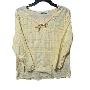 Calypso Clothing Sz L Peasant Top Boho Blouse Tie Neck Long Sleeve Canary Yellow